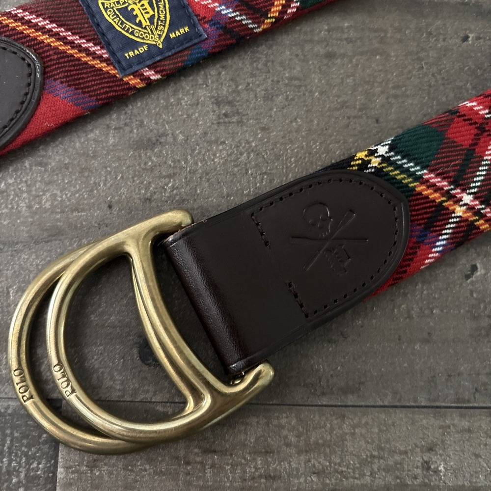 Polo Ralph Lauren Belt Men 42 Red Tartan Plaid Lochcarron Holiday Festive D ring - Picture 2 of 9